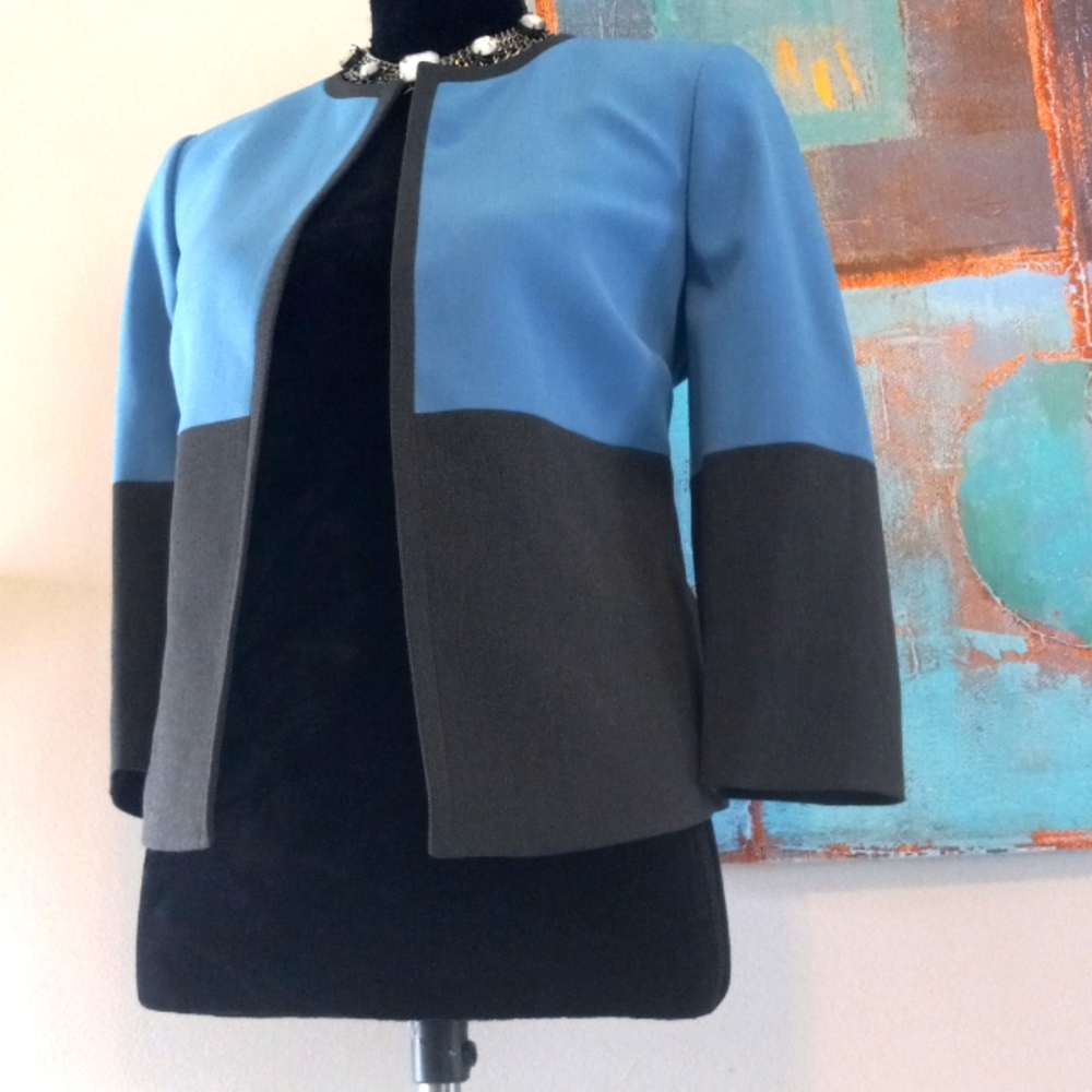 Kasper Blue & Grey Color Block Open Front Blazer … - image 5